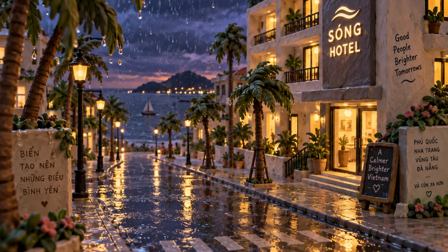 Khách sạn Sea Side và khu đô thị Tây Bắc Rạch Giá trong mưa đêm