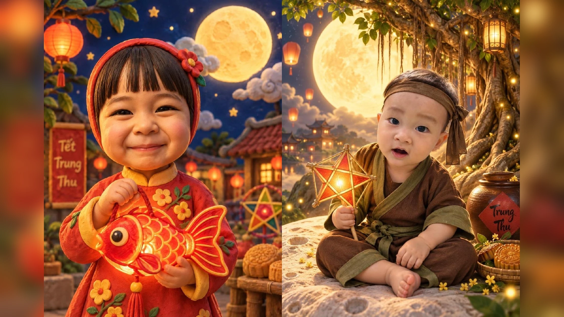 Tranh đất sét Trung Thu của chị Hai Bánh Quy và em Lúa Mạch do Phúc Ân AI tạo